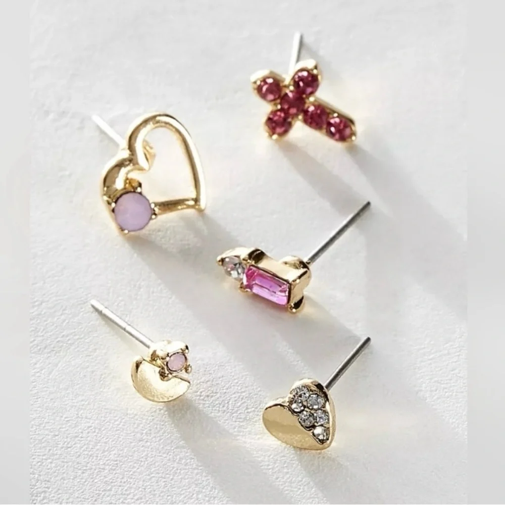 Free People Gold Tone Heart and Pink Crystal Stud Earring Set